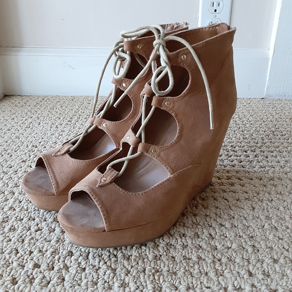 Bamboo Tan Lace Up Wedges